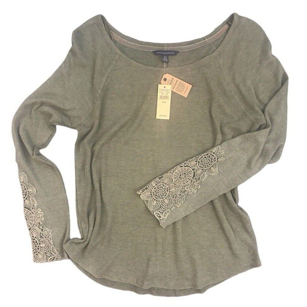 American Eagle Shirt Women's Long Sleeve Green Waffle Knit Lace Sleeve Medium